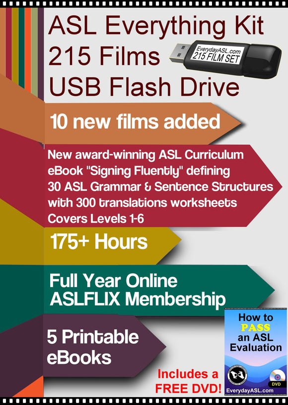 NEW! ASL Everything Kit 215-Film Set USB Flash Drive + Signing Fluently + FREE DVD + S&H